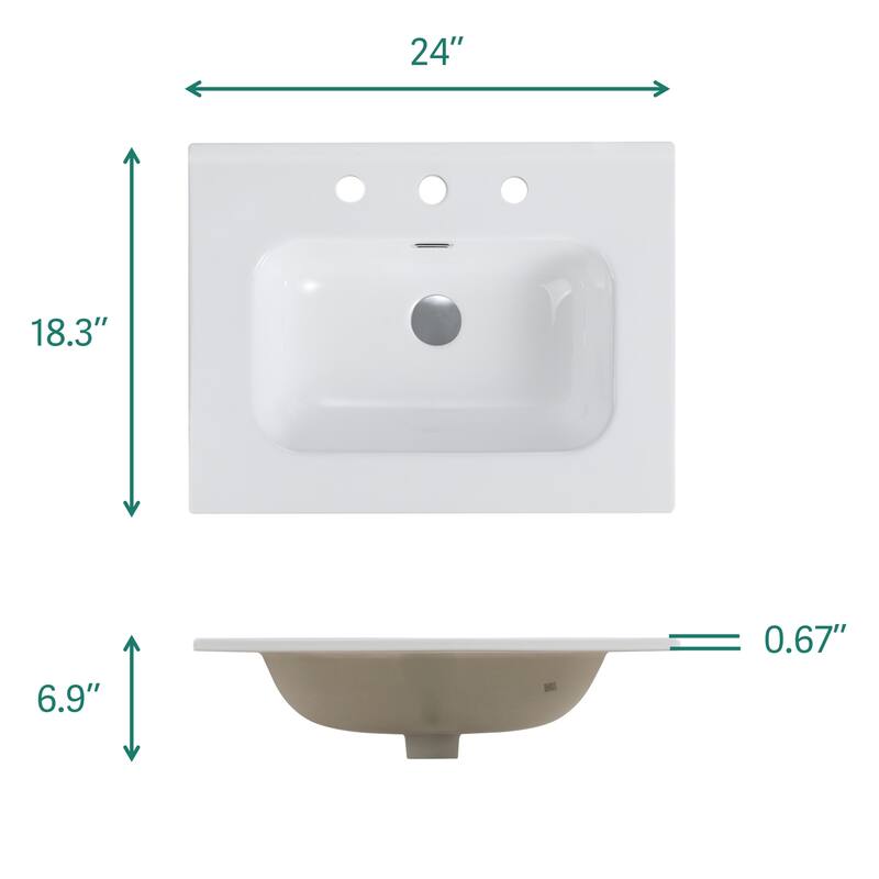 GDFStudio - 30'' Integrated Ceramic Bathroom Sink, Wall-Mount or Countertop Compatible (Faucet & Drain Not Included)