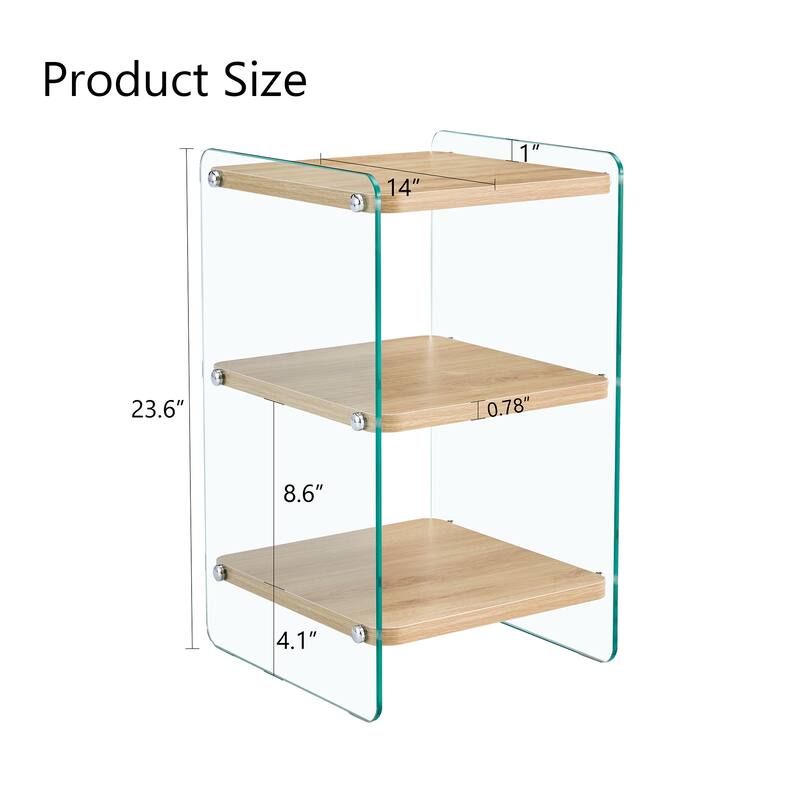 14" Modern Square Side Table with Tempered Glass Legs and Storage Shelfs for Living Room or Bedroom