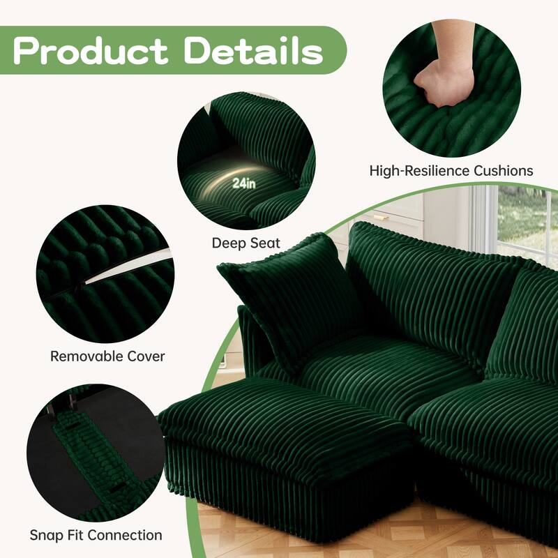 Corduroy Slipcovered Armchair with Deep Seat, 3 Large Pillows and 300lb Capacity