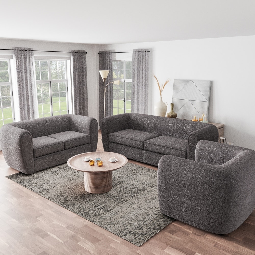 Furniture of America Vanessa Modern Curved Arms Boucle Sofa Set with Seat Cushion and Wooden Legs, 2-Piece or 3-Piece Options