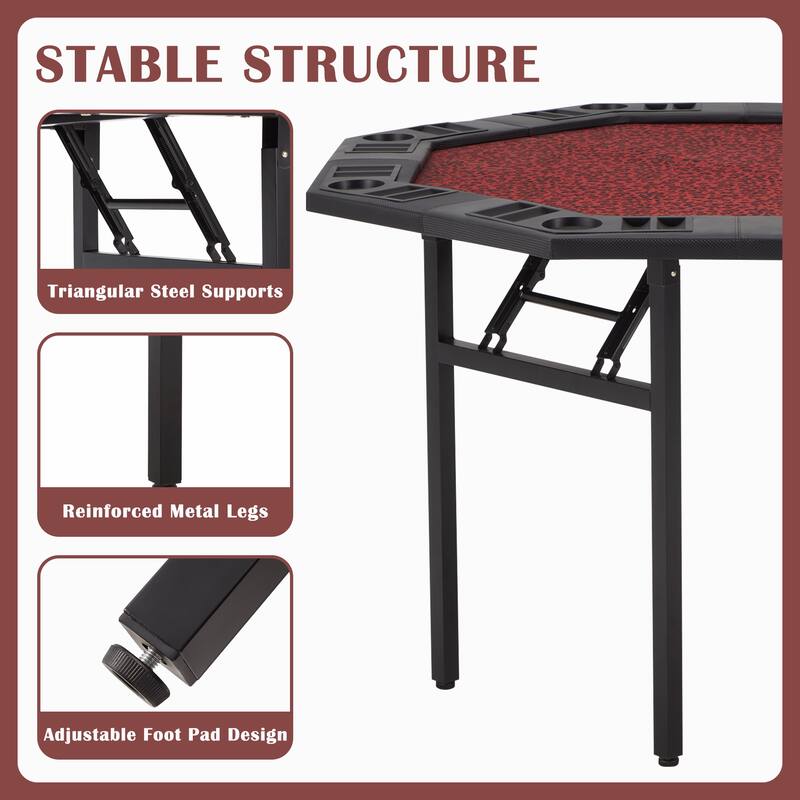 EROMMY 8 Player Foldable Poker Table, Portable Folding Game Table with Cup Holders and Chip Trays for Home Parties