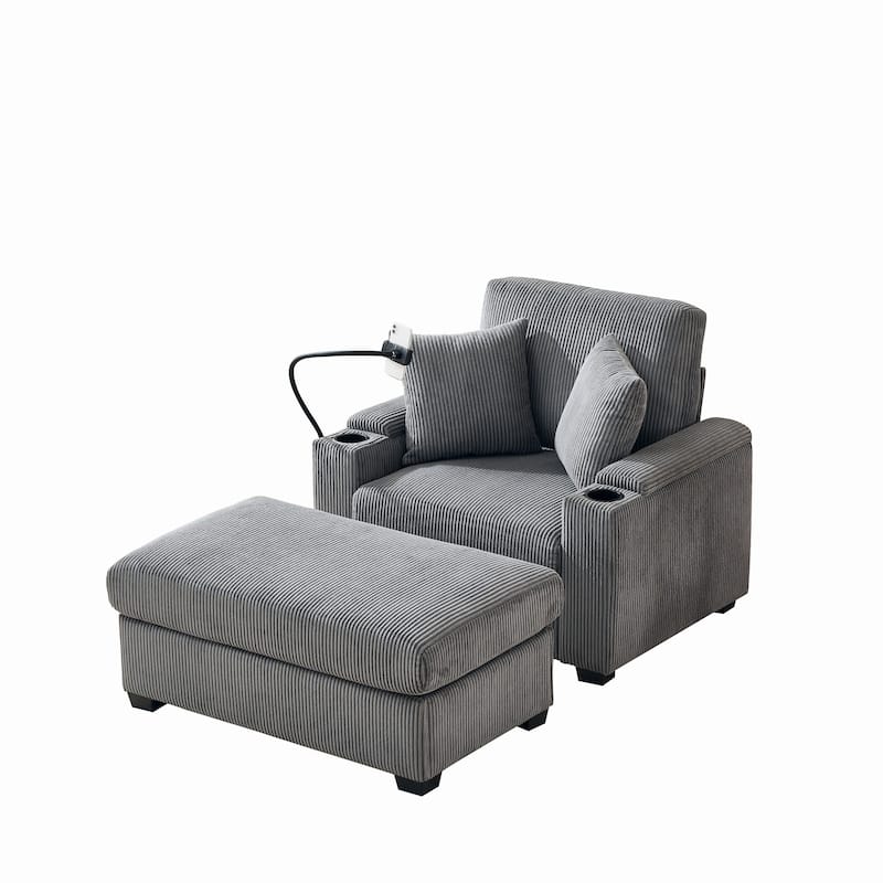 55"Oversized Chaise Lounge Chair with Ottoman and Storage,Sleeper Chair with Cup Holder,Mobile Phone Stand&USB Charging Port