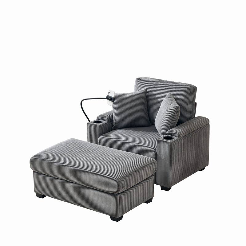 Single Chaise Lounge with Accent Chair & Storage Ottoman, Corduroy Sofa Chair with Storage Arms, USB, Phone Stand and Cup Holder