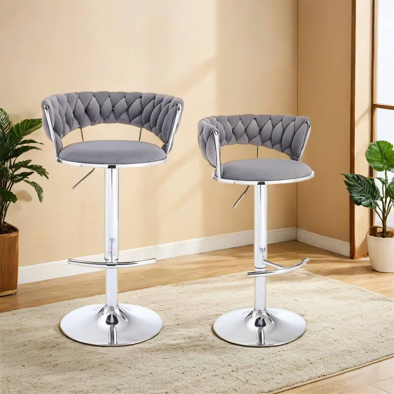Set of 2 Bar Stools,with Chrome Footrest and Base Swivel Height Adjustable Mechanical Lifting Velvet Chrome Leg Simple Bar Stool