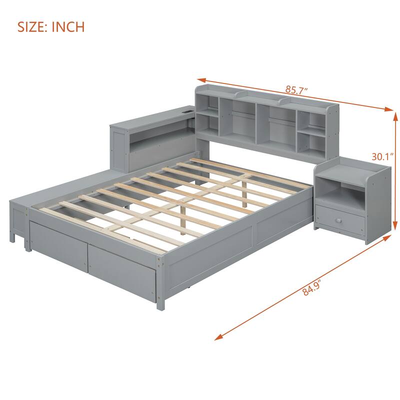 Solid Pine Full Bed Frame, Full Size Wooden Platform Bed with Storage Headboard, 2 Drawers, Nightstand, Desk and USB Ports