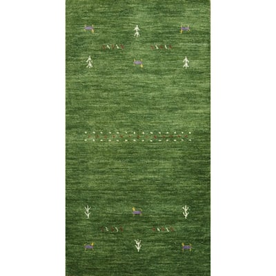 Hand Knotted Oriental 100% Wool Carpet Tribal Animal Pictorial Green Gabbeh Area Rug - 4' 0'' X 2' 2''