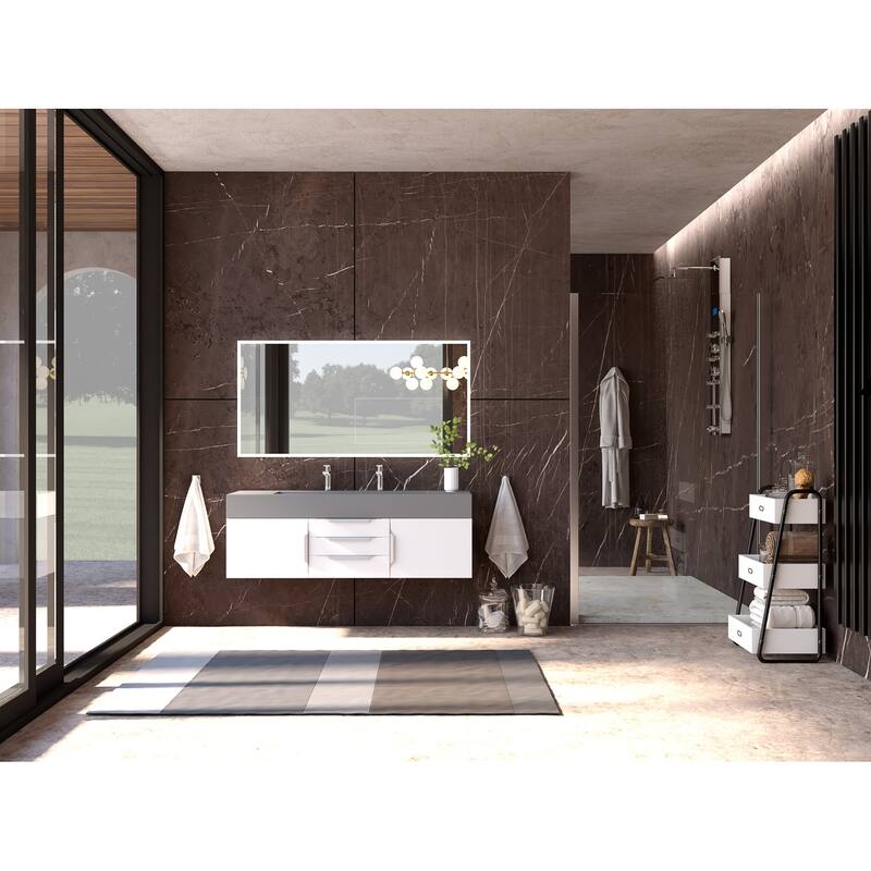 Nile 60" Wall Mounted Bathroom Vanity Set with Gray Solid Surface Top