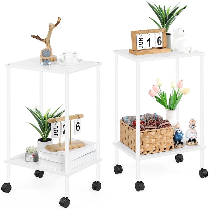 2-Tier Side Table with Wheels - 2PCS - White