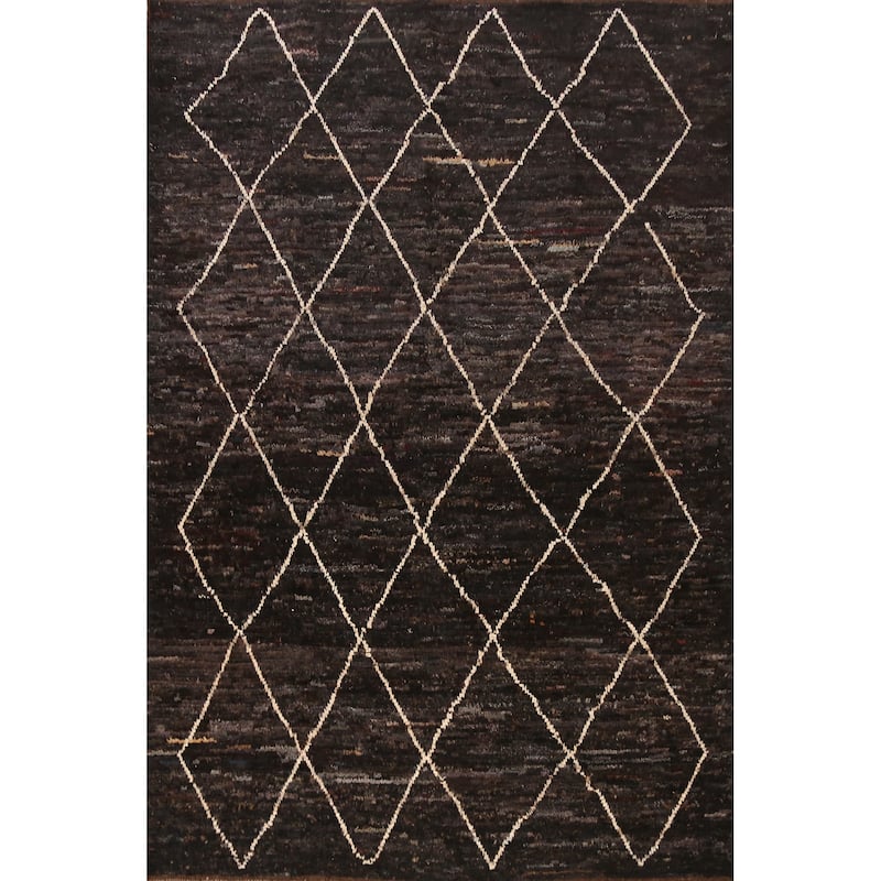 Geometric Black Moroccan Oriental Area Rug Handmade Wool Carpet - 6'11" x 9'9"