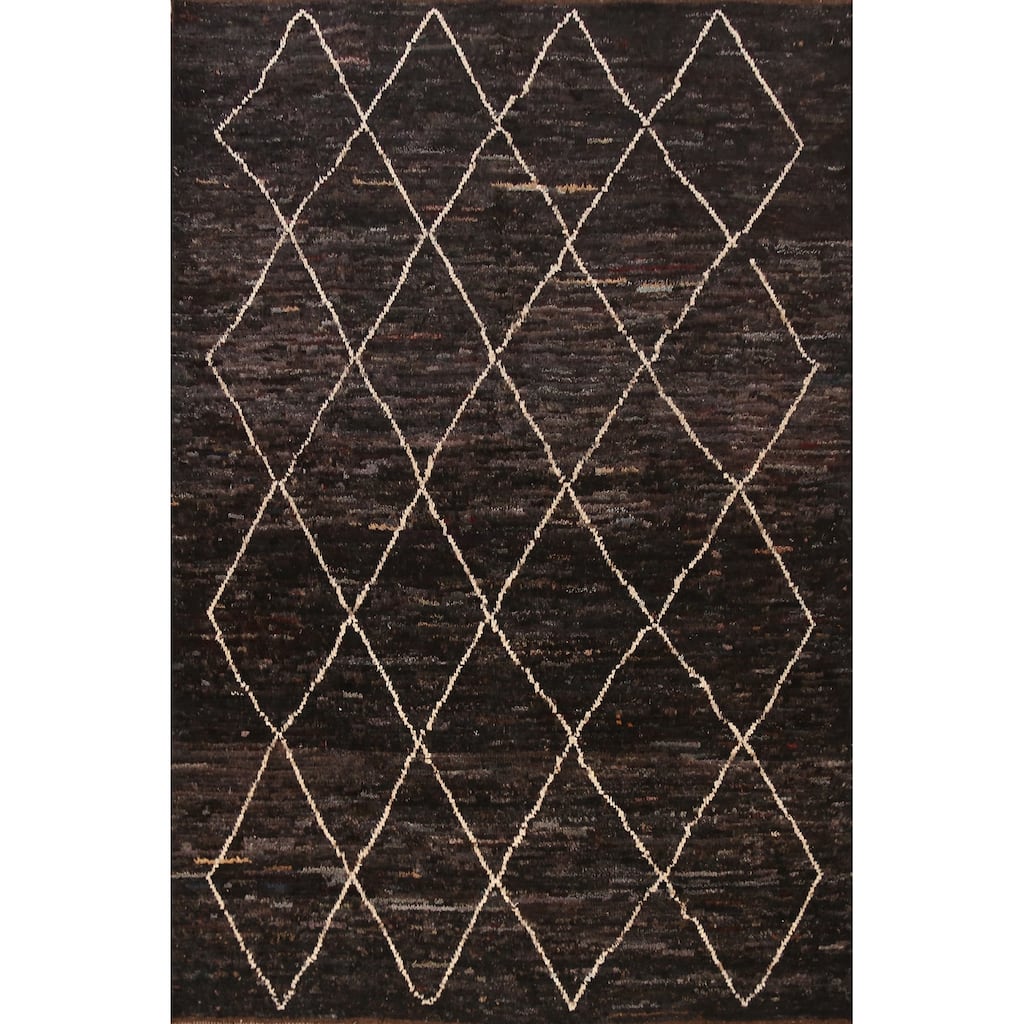 Geometric Black Moroccan Oriental Area Rug Handmade Wool Carpet - 6'11" x 9'9"