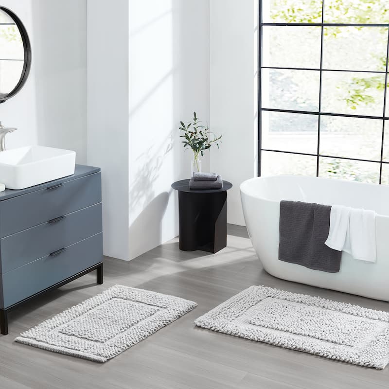 Sophie Border Ultra-plush Chenille Non-Slip Cotton Bath Mat (Set of 2) - 17 x 24 / 20 x 32 - Soft Gray