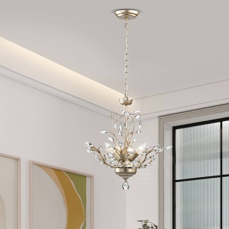 Holly 4-light Brushed Silver-ish Champagne Crystal Leaves Chandelier - 18.1 inches in diameter x 18.1 inches H