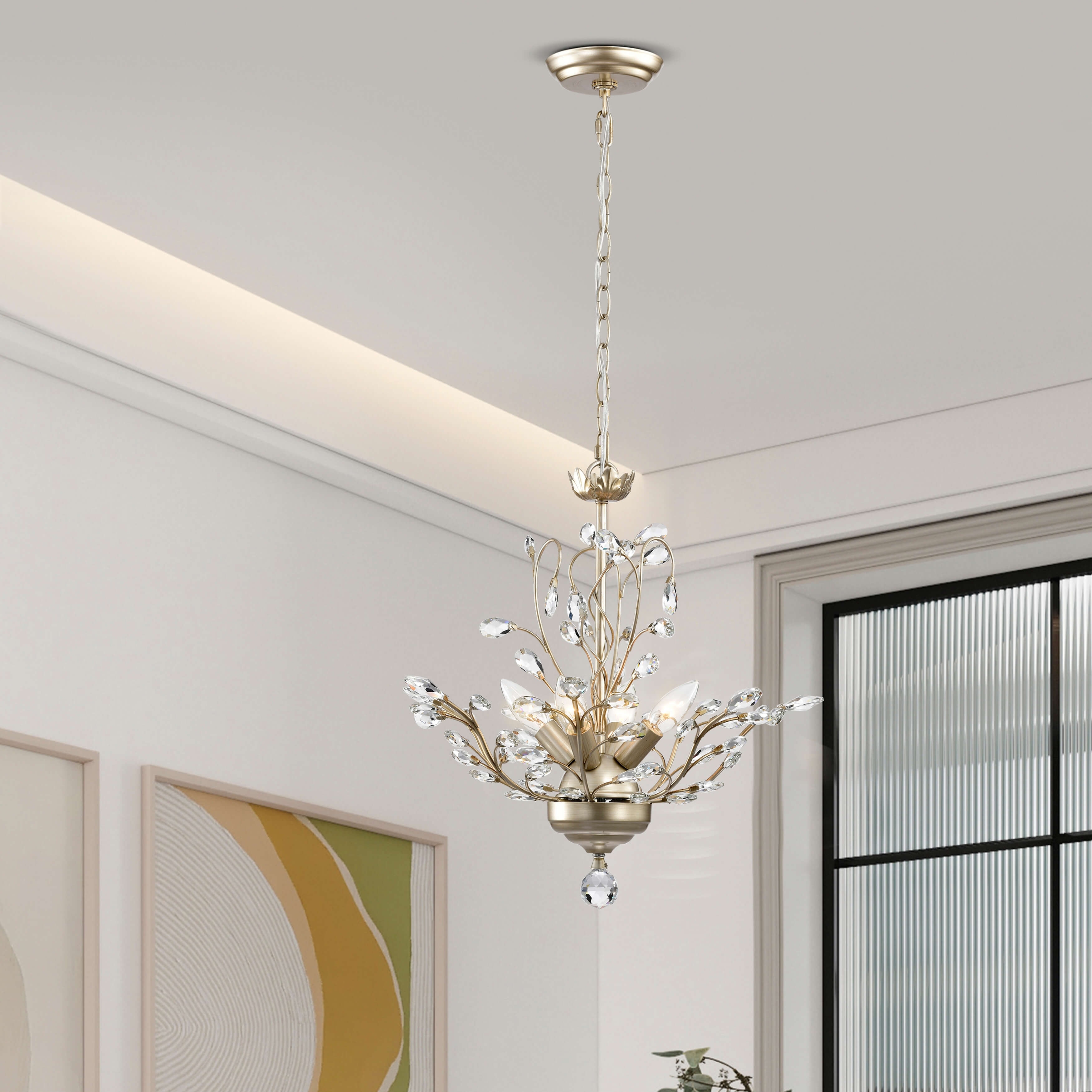Jojospring Holly 4-light Brushed Silver-ish Champagne Crystal Leaves Chandelier - 18.1 inches in diameter x 18.1 inches H