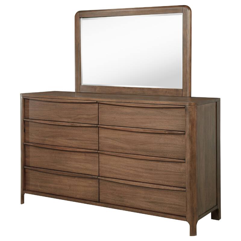 Rie Wide Dresser with Mirror, 8 Drawers, Walnut Brown, Rounded Corners