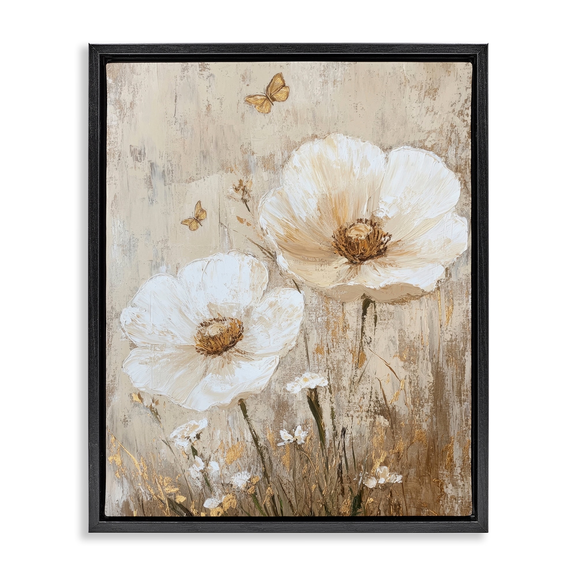 Stupell Ivory Florals and Butterfly Framed Floater Canvas Wall Art Design By Petal Prints Design