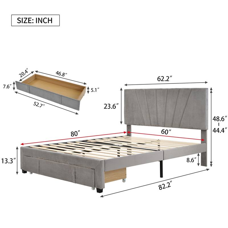 Storage Bed Velvet Upholstered Platform Bed with a Big Drawer