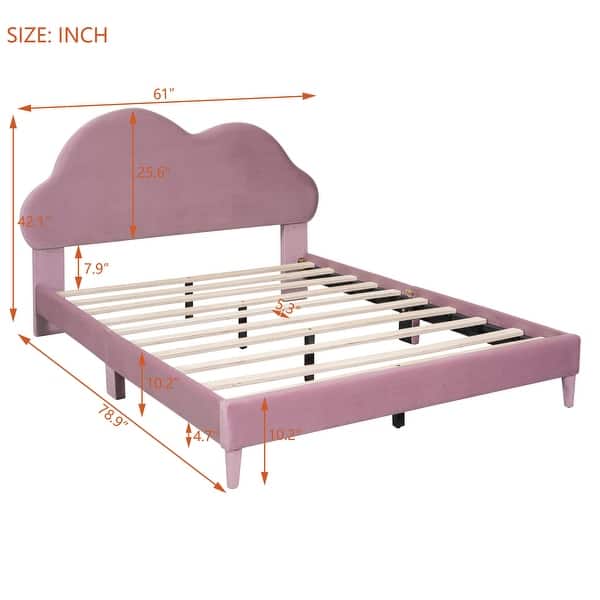 dimension image slide 1 of 2, Full Size Velvet Upholstered Cloud-Shape Bed with Headboard, No Box Spring Needed