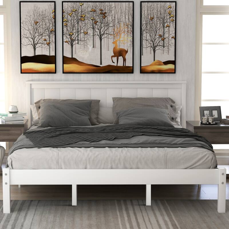 Classic Platform Bed Wood Bed with Headboard, Solid Wood Platform Bed Frame with Strong Slats Support/No Box Spring Needed - White - Queen