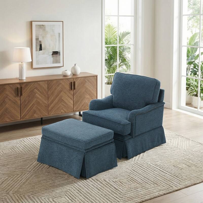 Chenille Swivel Accent Chair Storage Ottoman Set with Nailhead Trim Skirt
