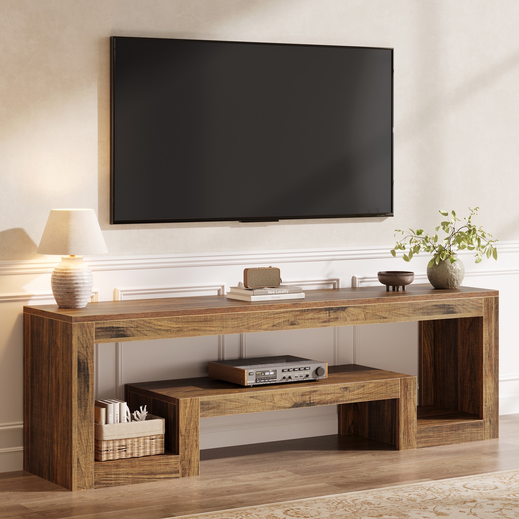 63" Farmhouse TV Stand, Vintage Entertainment Center with Storage