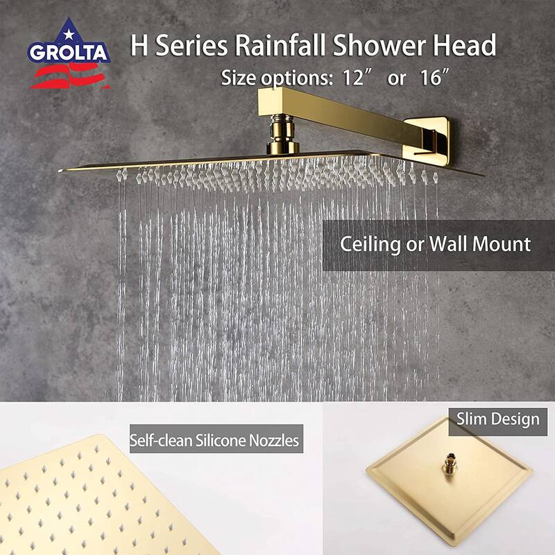 Dual Heads 12" Rainfall & High Pressure 6" Shower System w/ 3 Way Thermostatic Faucet - Brushed Gold - Brushed Gold