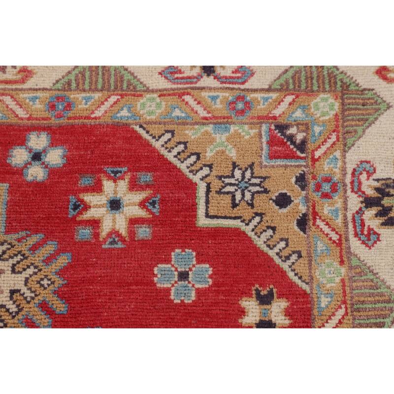 Geometric Kazak Area Rug Handmade Oriental Red Wool Carpet - 4'9" x 6'9"