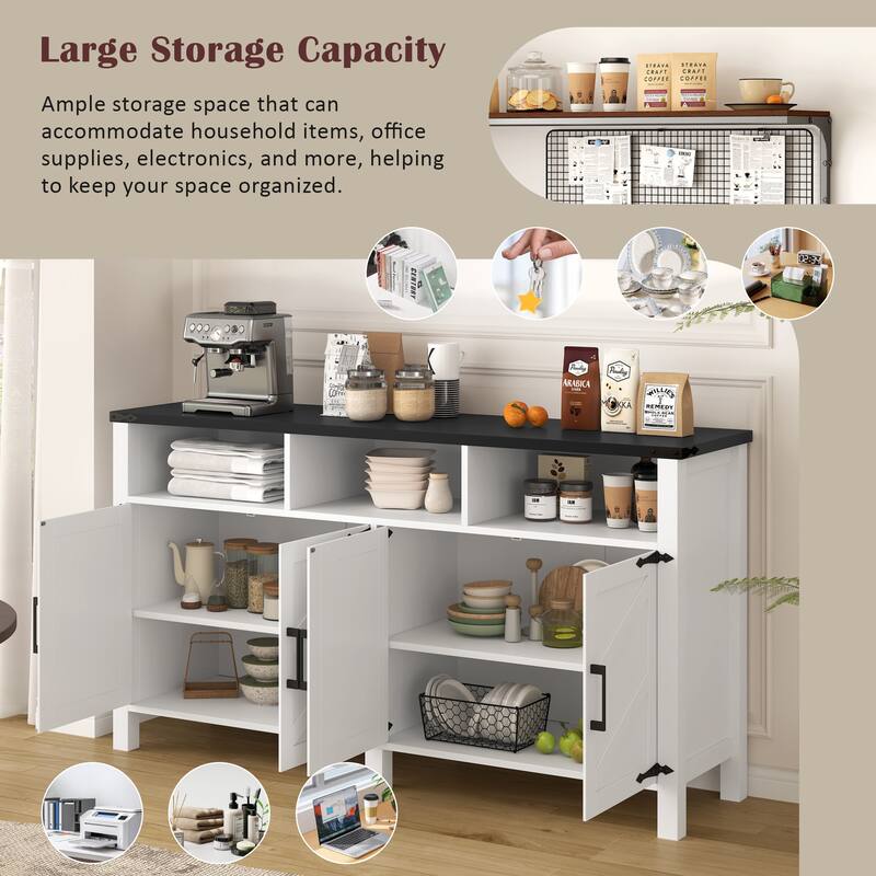 Sideboard Buffet with Power Outlets and USB Ports, 4 Door Sideboard with Adjustable Shelves and 3 Open Storage Cubbies