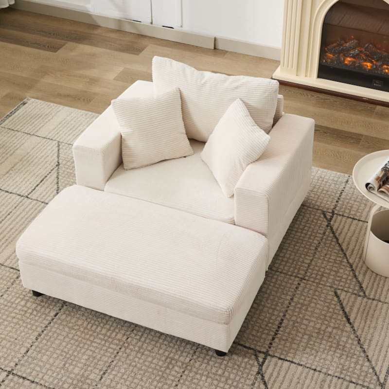 Chaise Lounge Chair with Removable Ottoman, Modern Accent Armchair Corduroy Sleeper Sofa Chair with Pillows for Living Room - Beige