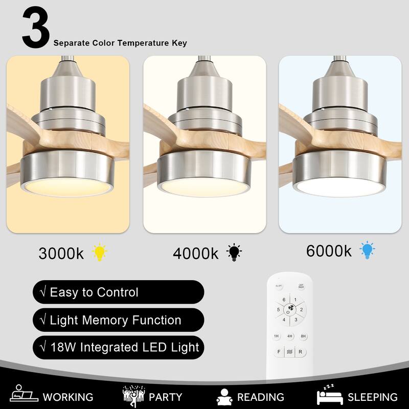 52 inch Wood Ceiling Fan with Light and Remote, Dimmable LED and Reversible DC Motor