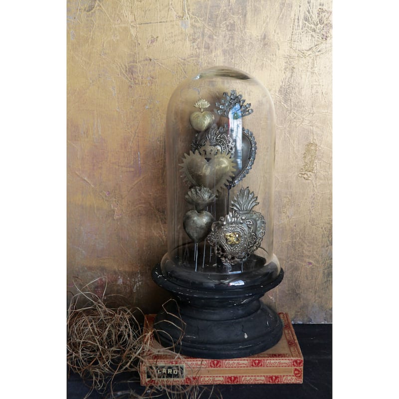 Decorative Tin Sacred Hearts on Wood Pedestal with Glass Cloche