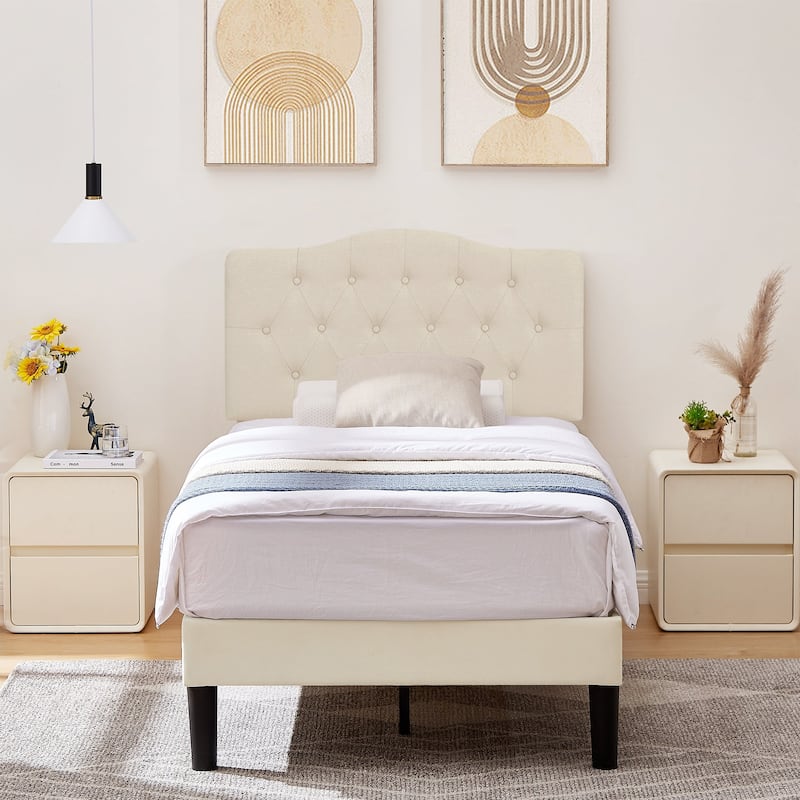 VECELO Modern Upholstered Kids Bed with Height Adjustable Tufted Headboard,Twin Size Bed Set of 2