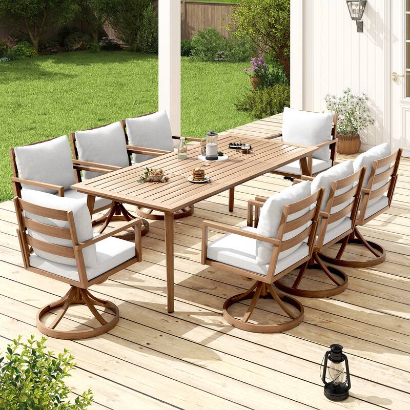 Riviera 9-Piece Brown Aluminum Patio Dining Set with Rectangular Table, 8 Swivel Dining Chairs and Light Gray Cushions