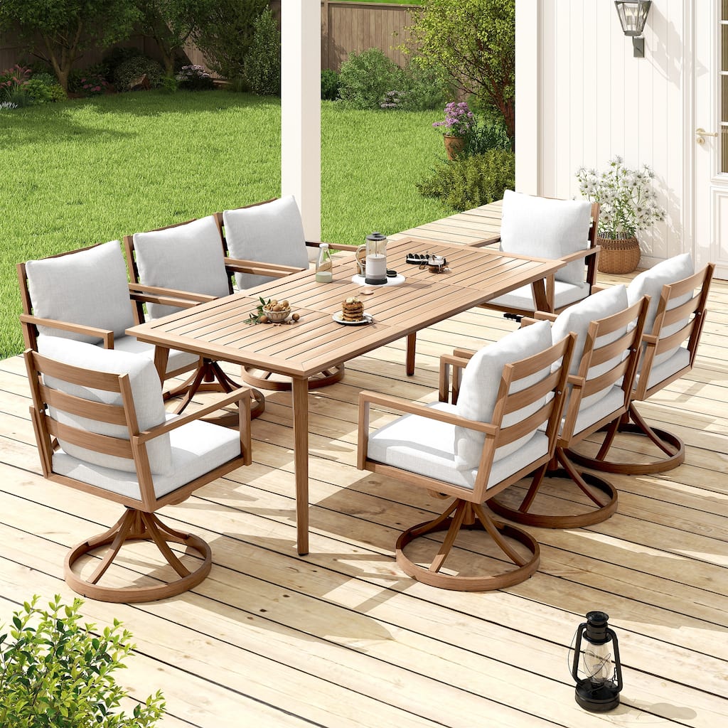 Riviera 9-Piece Brown Aluminum Patio Dining Set with Rectangular Table, 8 Swivel Dining Chairs and Light Gray Cushions