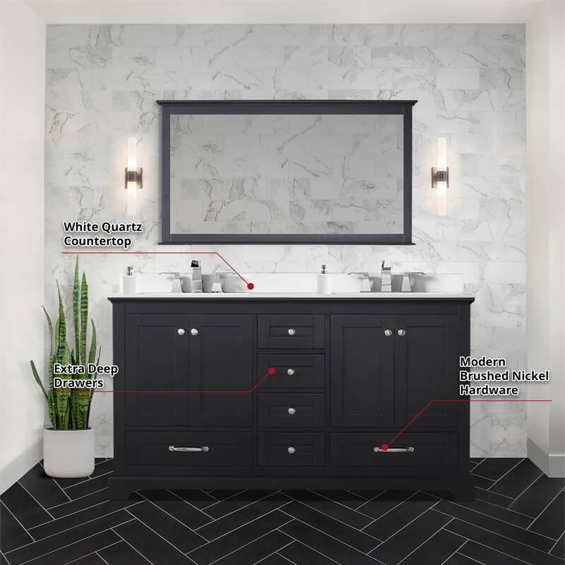 Dukes 60 in. W x 22 in. D Espresso Double Bath Vanity, White Quartz Top, Faucet Set, and 58 in. Mirror