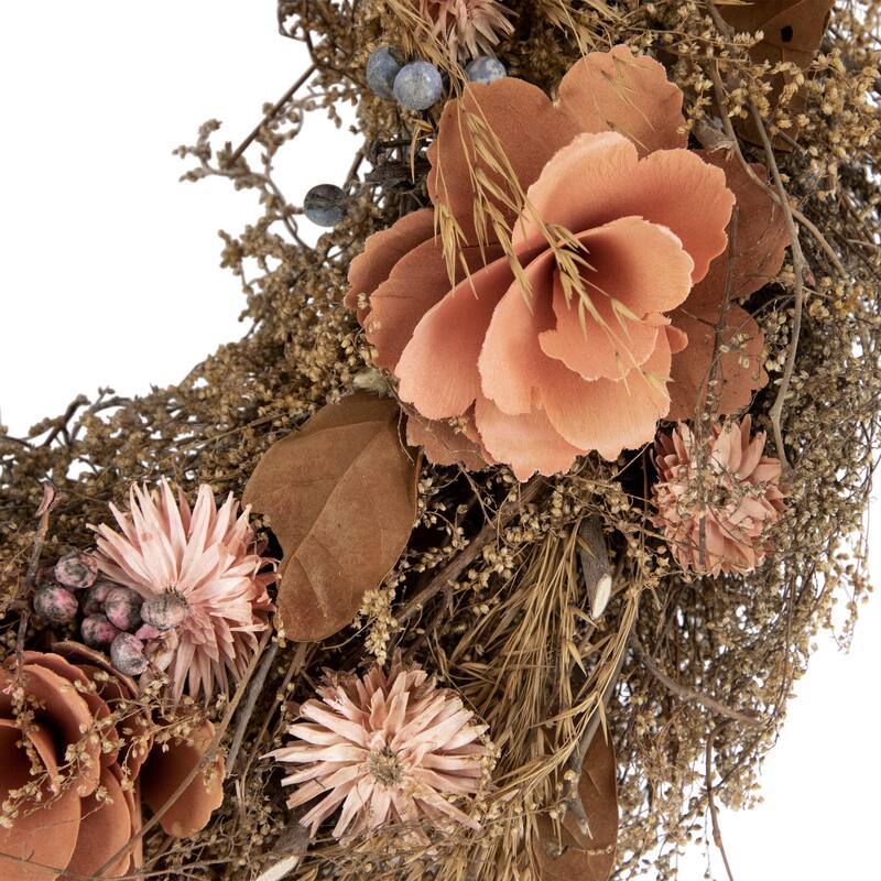 Orange and Coral Pink Twig and Floral Autumn Harvest Wreath 13.75-Inch Unlit - 13.75"