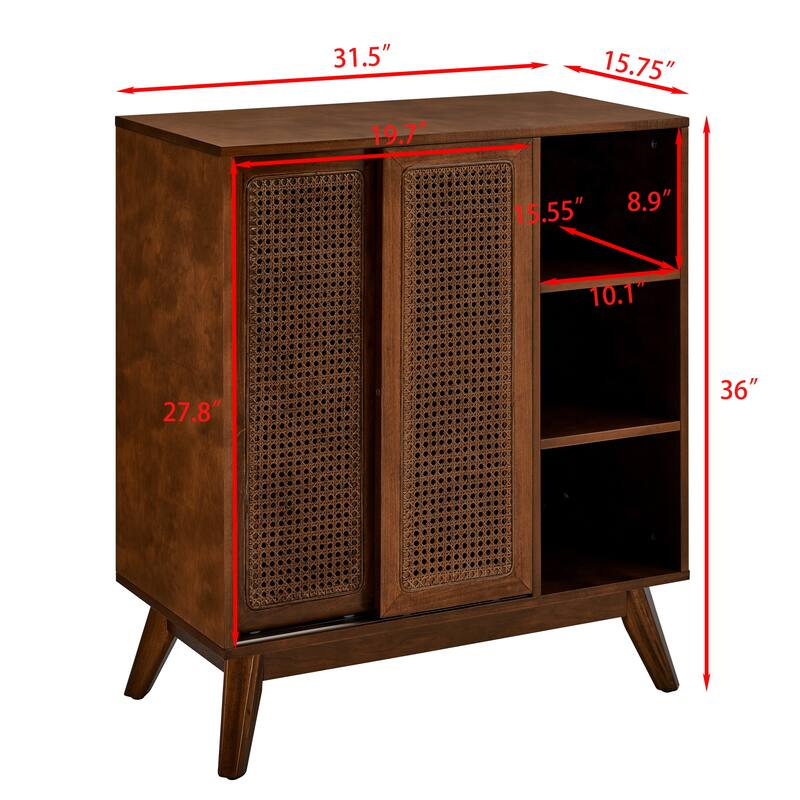 Rustic Rattan Sideboard Buffet Storage Cabinet Walnut Entry Side Cabinet