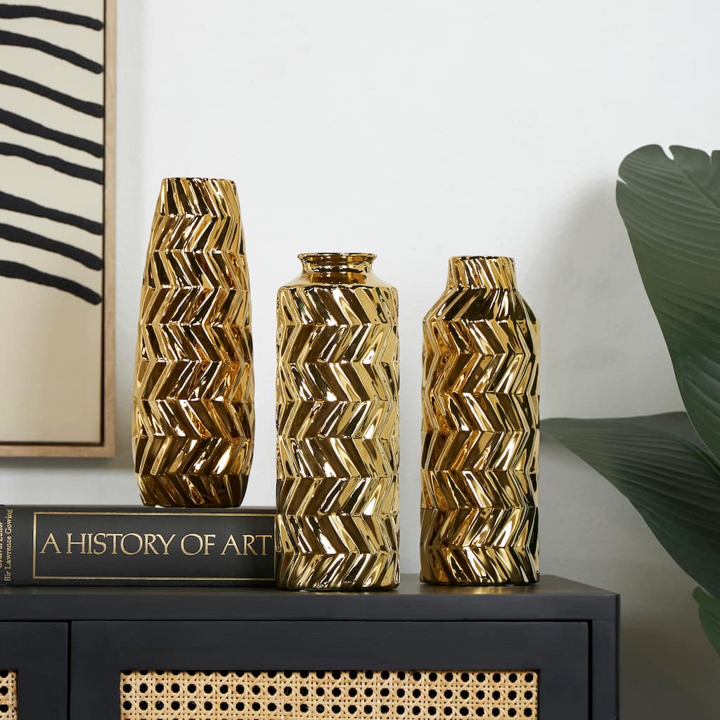 Gold Ceramic Dimensional Chevron Textured Decorative Vase with Varying Shapes (Set of 3)