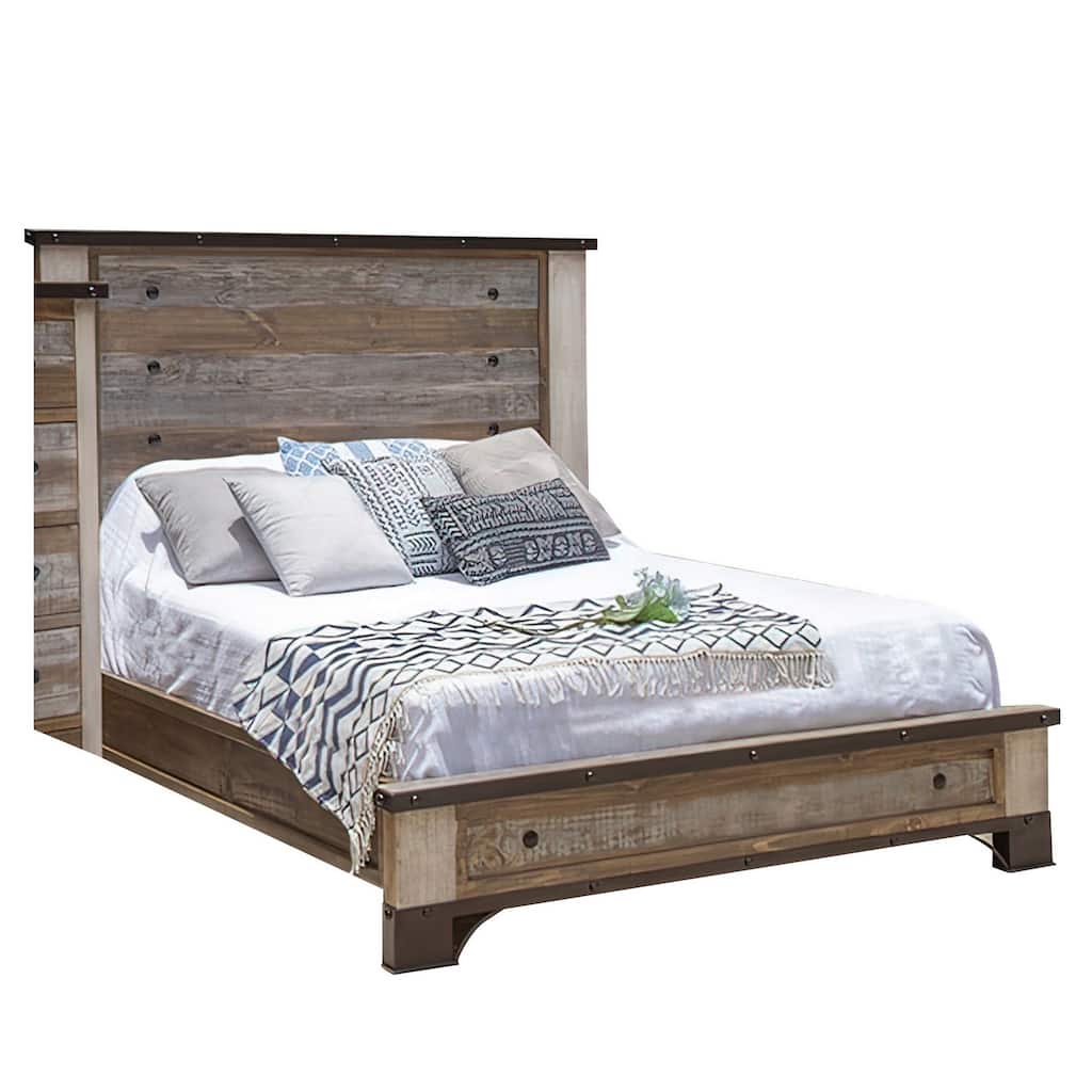 Fena King Size Bed, Round Black Nailheads, Distressed Wood Multicolor Brown