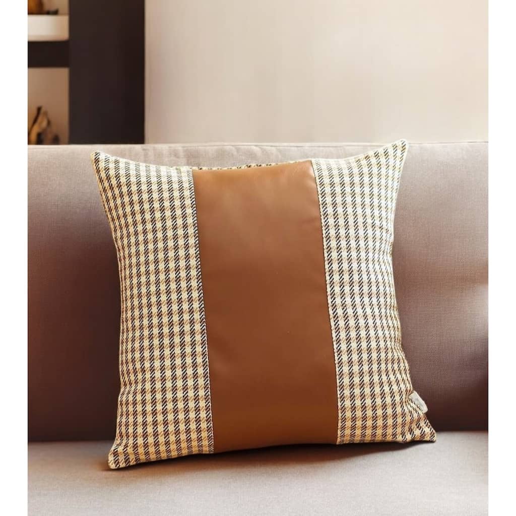 HomeRoots 18" Black Brown And White Houndstooth Fabric And Faux Leather Throw Pillow Cover