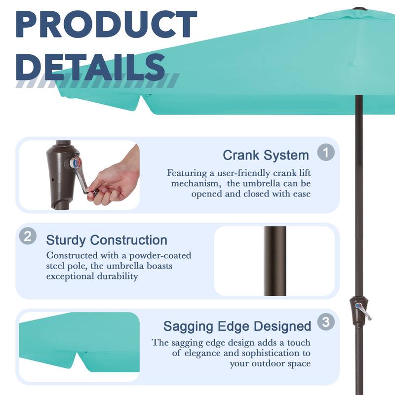 8*10ft Rectangular Patio Market Umbrella with Sagging Edge，UV Risistance,Crank & Tilt