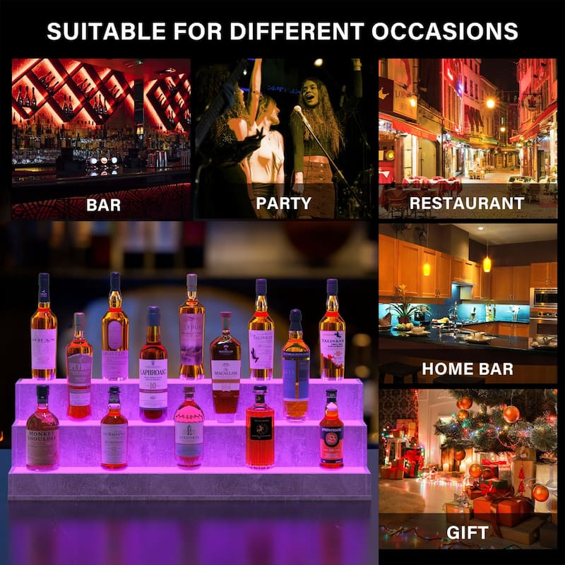 3-Tier Countertop Wine Storage Shelf, Grey Liquor Bottle Display Shelves, LED Light Wine Bakers Rack with Remote Control