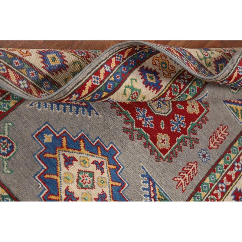 Gray Geometric Kazak Accent Rug Hand-Knotted Wool Carpet - 3'4" x 4'11"