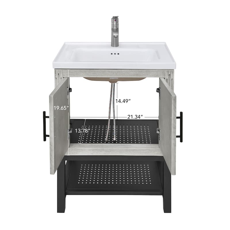 GDFStudio - CompactLine Modern Freestanding Bathroom Vanity with Ceramic Sink and Open Shelf - 24 Inch