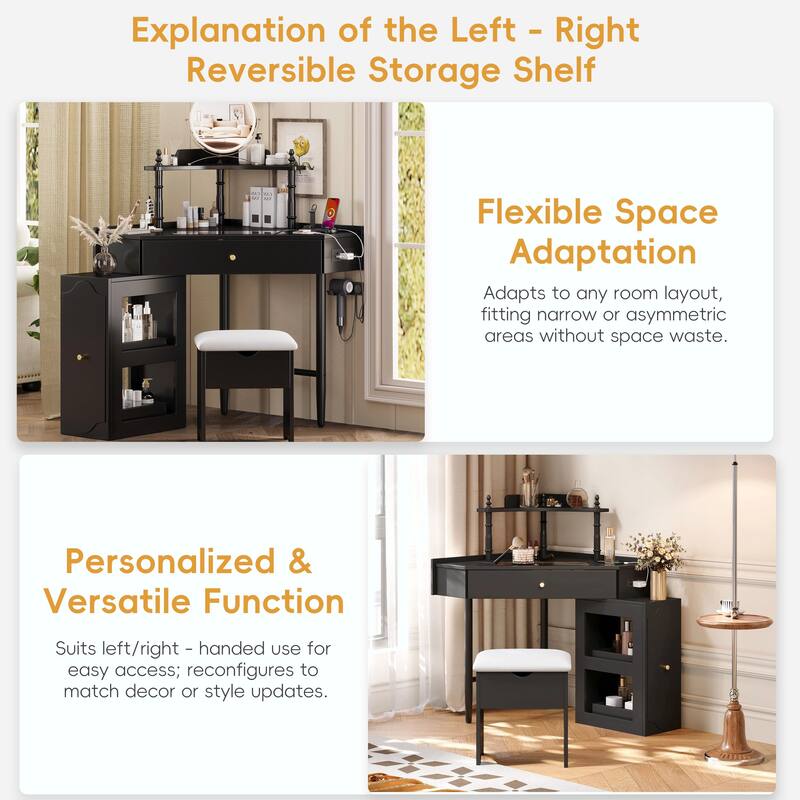 Triangle Makeup Desk with Removable Pull-Out Side Cabinet, Glass Tabletop Makeup Vanity with Drawer and Shelf