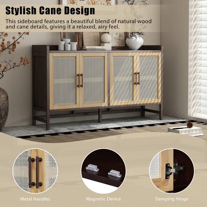Natural Walnut Buffet Sideboard Storage Cabinet, Rattan Doors Accent Cabinet Console Table for Dining Room Living Room