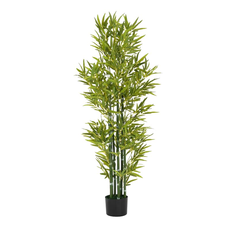 Roomfitters 5 Ft Artificial Bamboo Tree Set of 2, Tall Faux Indoor Plants with Black Plastic Pots for Home Decor, Green