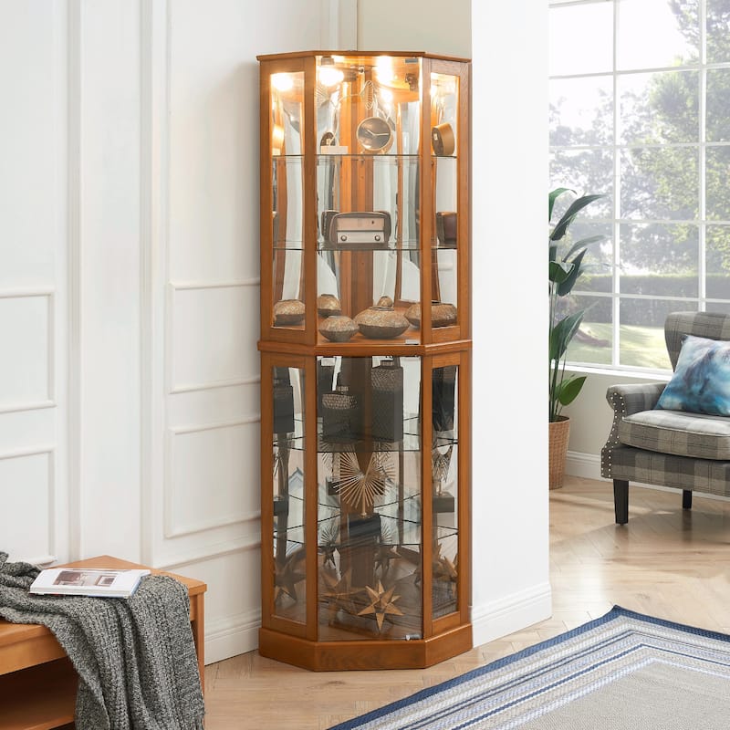 6-Shelf Corner Curio Display Cabinet with Lights, Mirrors, and Adjustable Shelves - Oak