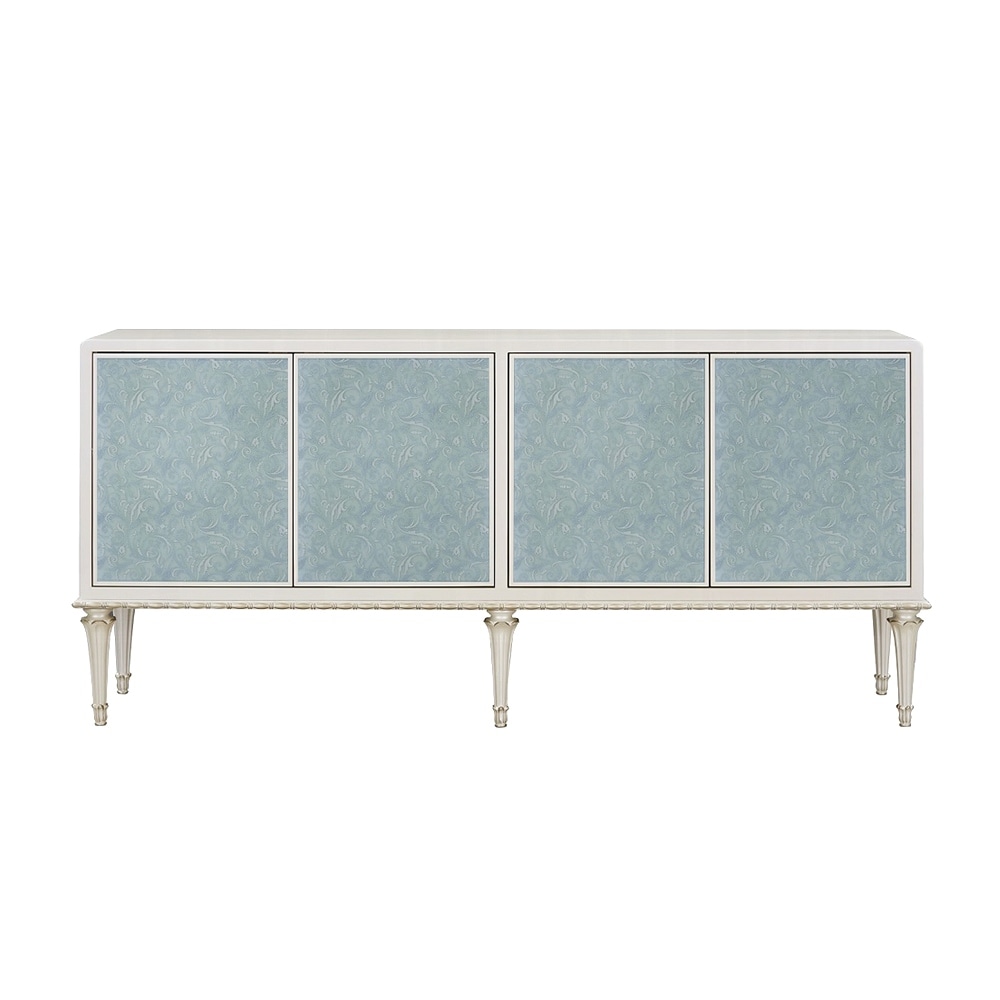 4 Doors Wooden Console Cabinet in Pearl White and Silver Shimmer