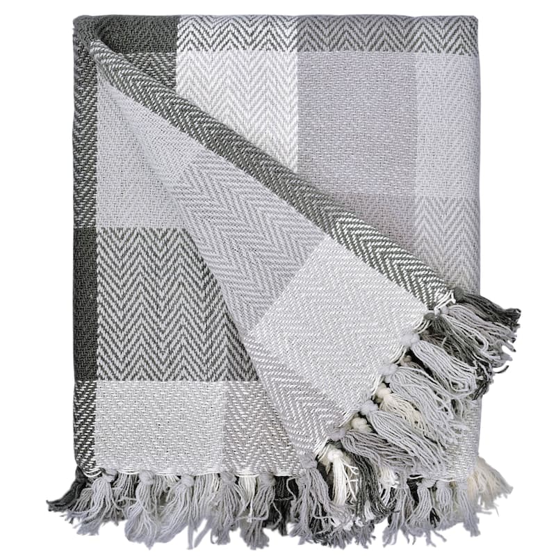 Fabstyles Herringbone Checkered Cotton Throw Blanket with Fringes