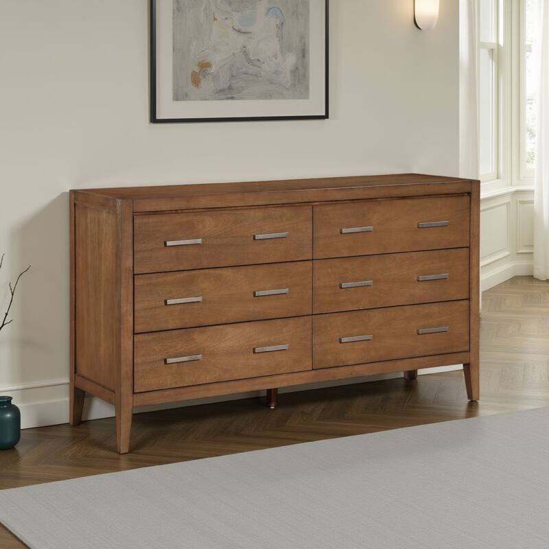Evi Dresser, 60 Inch, 6 Drawers, Brushed Rich Brown Wood, Brass Pulls